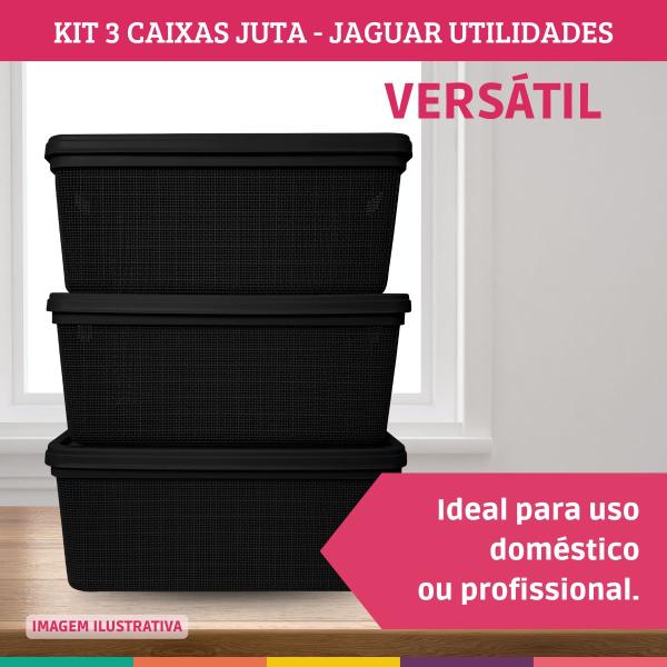 Kit 3 Caixas Juta Cesto Organizador com Tampa Multiuso Preta Jaguar Utilidades Imagem de Kit 3 Caixas Juta Cesto Organizador com Tampa Multiuso Preta Jaguar Utilidades
