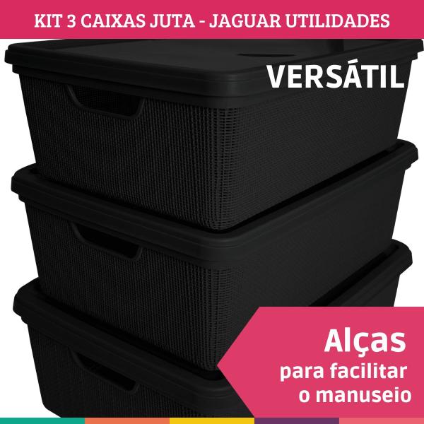 Kit 3 Caixas Juta Cesto Organizador com Tampa Multiuso Preta Jaguar Utilidades Imagem de Kit 3 Caixas Juta Cesto Organizador com Tampa Multiuso Preta Jaguar Utilidades