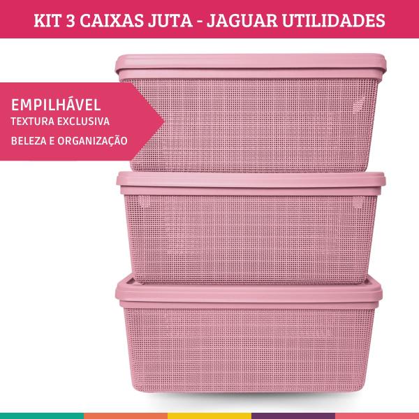 Imagem de Kit 3 Caixas Juta Cesto Organizador com Tampa Multiuso Rose Jaguar Utilidades