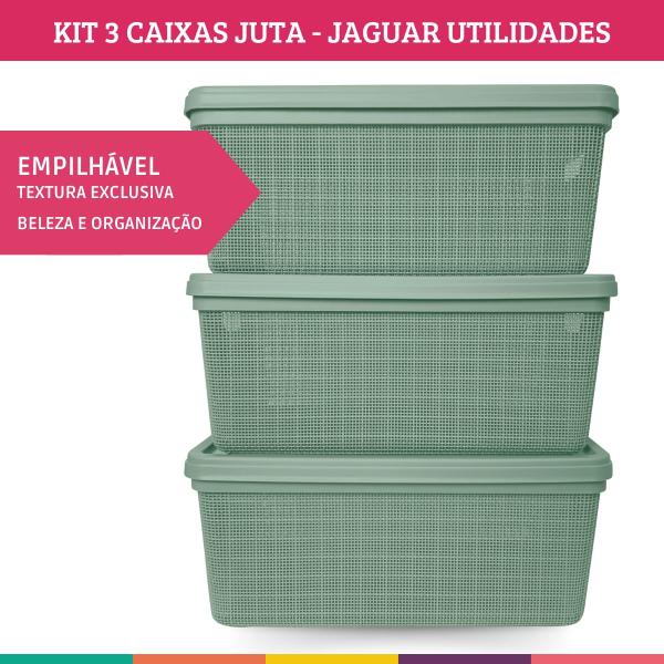 Imagem de Kit 3 Caixas Juta Cesto Organizador com Tampa Multiuso Verde Jaguar Utilidades