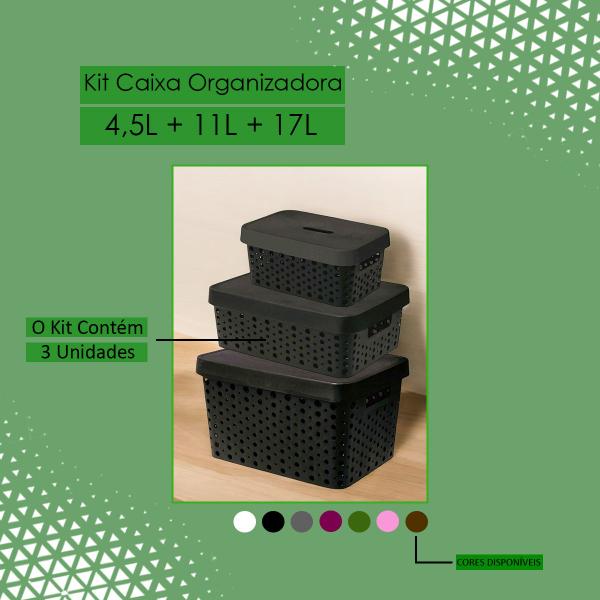 Imagem de Kit 3 Caixas Organizadoras 4,5l, 11l E 17l Cesto Organizador