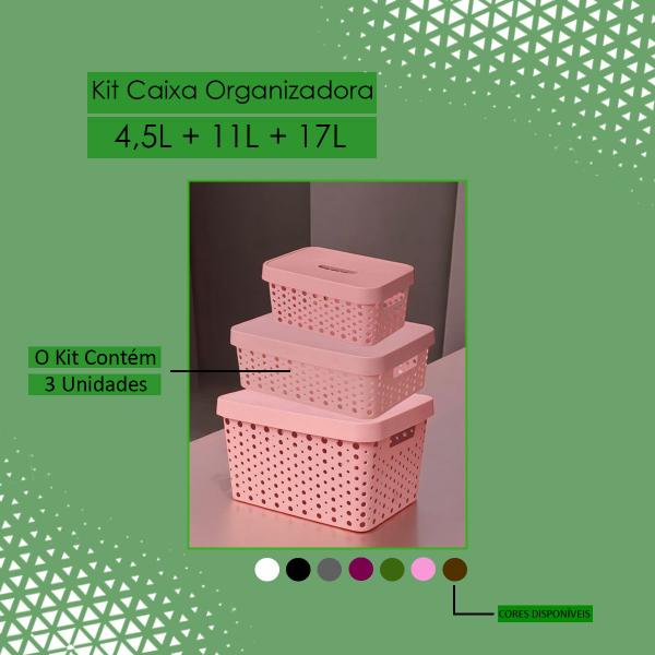 Imagem de Kit 3 Caixas Organizadoras 4,5l, 11l E 17l Cesto Organizador