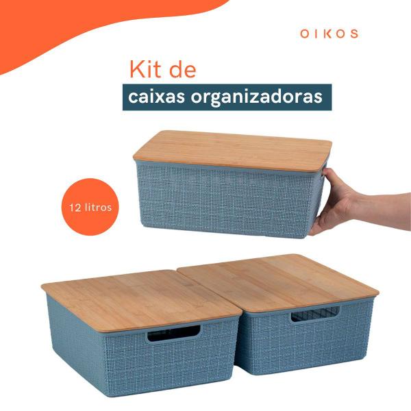 Imagem de Kit 3 caixas organizadoras c/ tampa de bambu 12l azul- Oikos