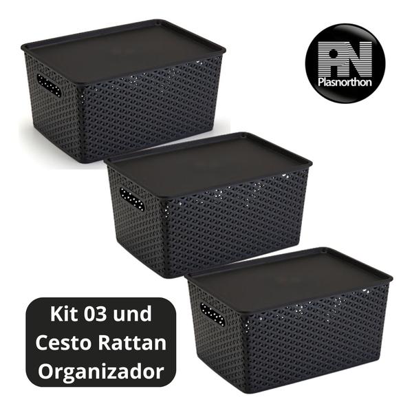 Imagem de Kit 3 Caixas Organizadoras C/ Tampa Grande 15 L Rattan Preta