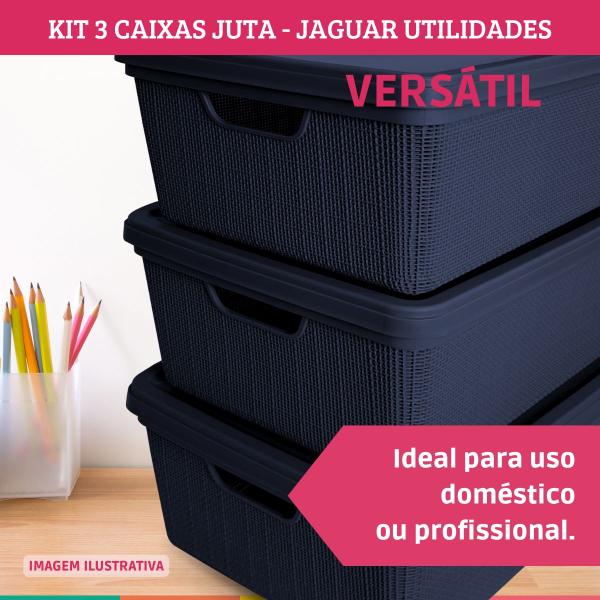 Imagem de Kit 3 Caixas Organizadoras com Tampa Cesto Juta Marinho Jaguar Utilidades