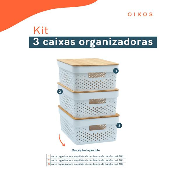 Imagem de Kit 3 caixas organizadoras com tampa de bambu poá 10l branco - oikos