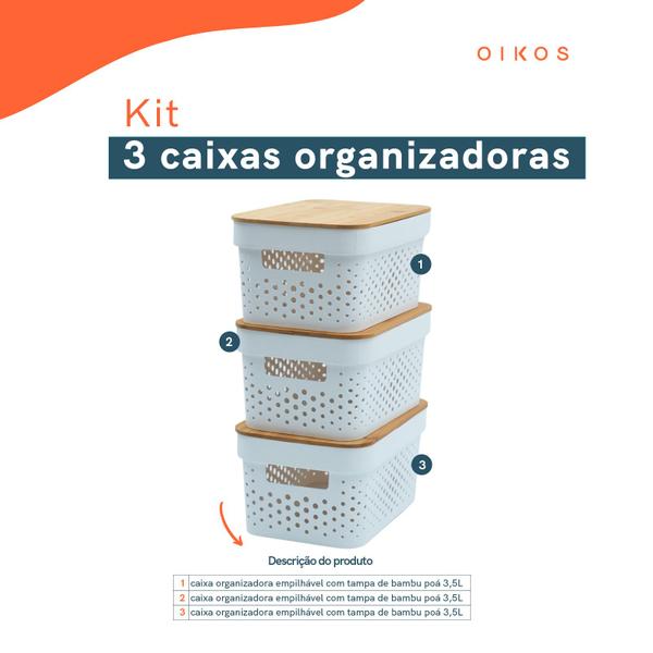 Imagem de Kit 3 caixas organizadoras com tampa de bambu poá 3,5l branco - Oikos