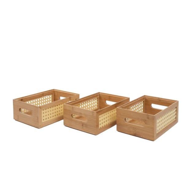 Imagem de Kit 3 caixas organizadoras empilháveis de bambu e palhinha 2 de 24cm e 1 de 22cm - Oikos