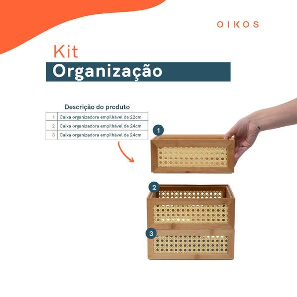 Imagem de Kit 3 Caixas Organizadoras Empilháveis De Bambu E Palhinha 2