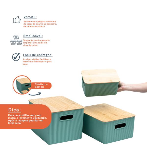 Kit 3 Caixas Organizadoras Multiuso Canelada com Tampa de Bambu 6l, 16l E 23l Verde - Oikos Imagem de Kit 3 Caixas Organizadoras Multiuso Canelada com Tampa de Bambu 6l, 16l E 23l Verde - Oikos