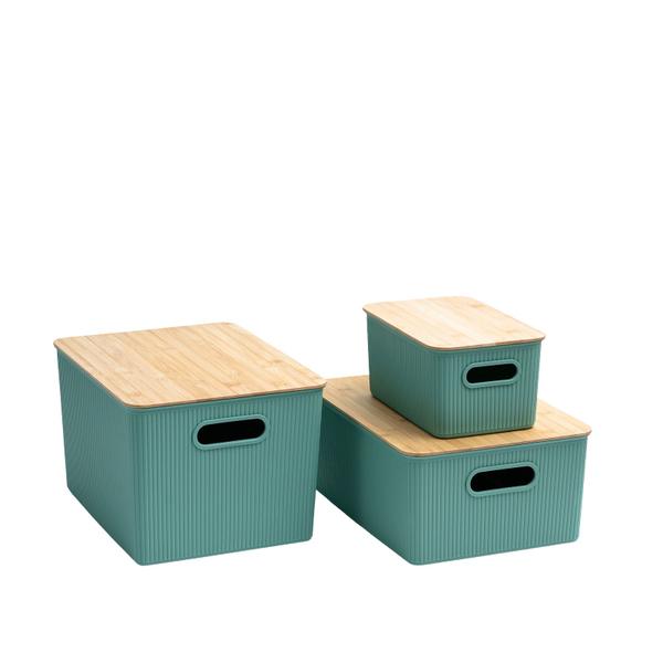 Kit 3 Caixas Organizadoras Multiuso Canelada com Tampa de Bambu 6l, 16l E 23l Verde - Oikos Imagem de Kit 3 Caixas Organizadoras Multiuso Canelada com Tampa de Bambu 6l, 16l E 23l Verde - Oikos