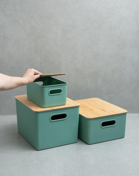 Kit 3 Caixas Organizadoras Multiuso Canelada com Tampa de Bambu 6l, 16l E 23l Verde - Oikos Imagem de Kit 3 Caixas Organizadoras Multiuso Canelada com Tampa de Bambu 6l, 16l E 23l Verde - Oikos