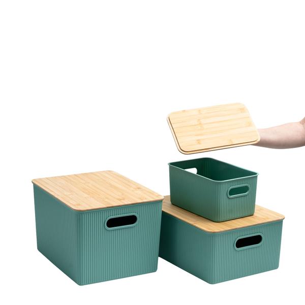 Kit 3 Caixas Organizadoras Multiuso Canelada com Tampa de Bambu 6l, 16l E 23l Verde - Oikos Imagem de Kit 3 Caixas Organizadoras Multiuso Canelada com Tampa de Bambu 6l, 16l E 23l Verde - Oikos