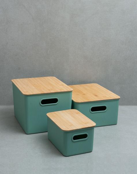 Kit 3 Caixas Organizadoras Multiuso Canelada com Tampa de Bambu 6l, 16l E 23l Verde - Oikos Imagem de Kit 3 Caixas Organizadoras Multiuso Canelada com Tampa de Bambu 6l, 16l E 23l Verde - Oikos