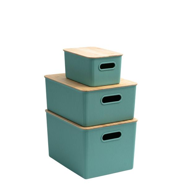 Kit 3 Caixas Organizadoras Multiuso Canelada com Tampa de Bambu 6l, 16l E 23l Verde - Oikos Imagem de Kit 3 Caixas Organizadoras Multiuso Canelada com Tampa de Bambu 6l, 16l E 23l Verde - Oikos