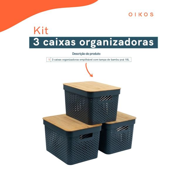 Imagem de Kit 3 caixas organizadoras multiuso empilhável com tampa de bambu poá 18L cinza - Oikos