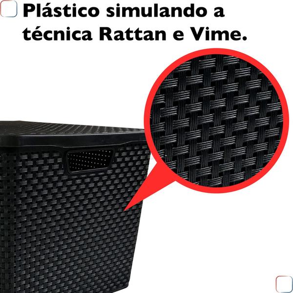 Imagem de Kit 3 Caixas Organizadoras Rattan 20 Litros Empilhável Preta - Cesto Organizador 20L