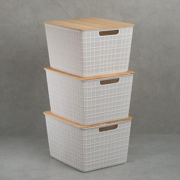 Kit 3 Caixas Organizadoras Tampa de Bambu 18l Branco - Oikos Imagem de Kit 3 Caixas Organizadoras Tampa de Bambu 18l Branco - Oikos