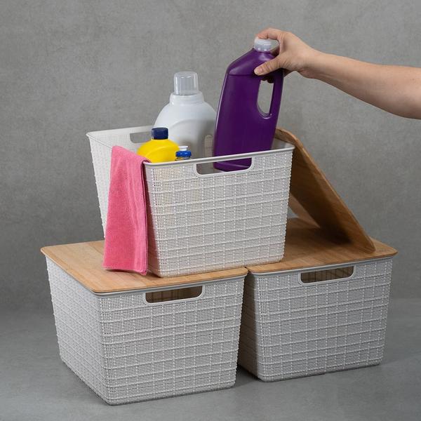 Kit 3 Caixas Organizadoras Tampa de Bambu 18l Branco - Oikos Imagem de Kit 3 Caixas Organizadoras Tampa de Bambu 18l Branco - Oikos