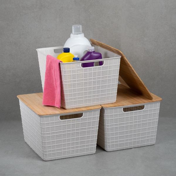Kit 3 Caixas Organizadoras Tampa de Bambu 18l Branco - Oikos Imagem de Kit 3 Caixas Organizadoras Tampa de Bambu 18l Branco - Oikos