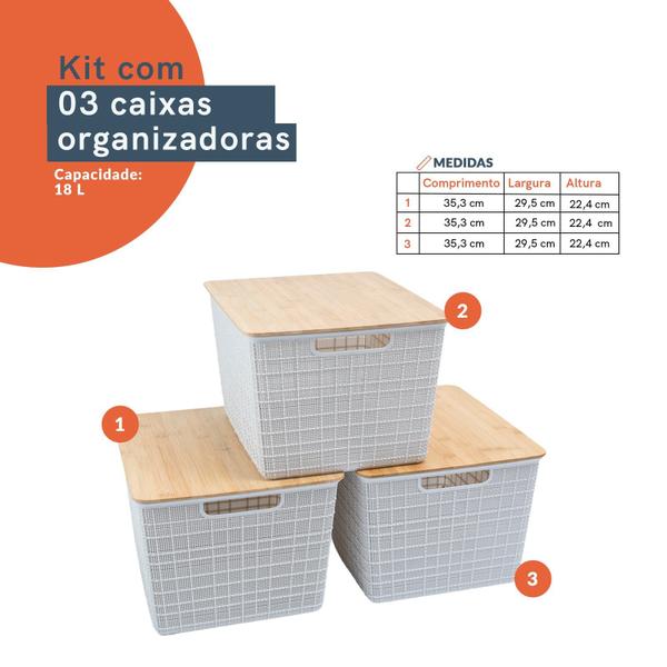 Imagem de Kit 3 Caixas Organizadoras Tampa de Bambu 18l Branco - Oikos