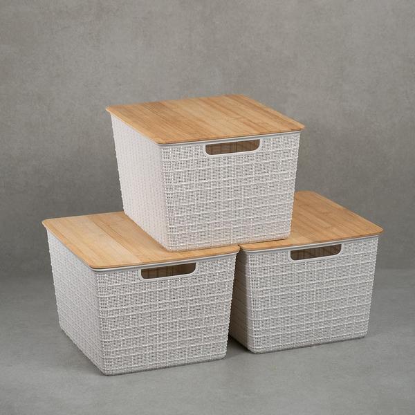Kit 3 Caixas Organizadoras Tampa de Bambu 18l Branco - Oikos Imagem de Kit 3 Caixas Organizadoras Tampa de Bambu 18l Branco - Oikos