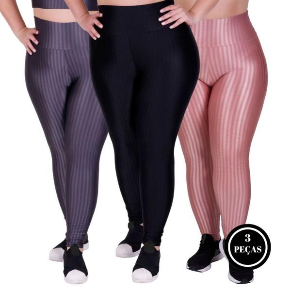 Imagem de Kit 3 Calça Legging Cintura Alta Plus Size Academia Fitness 46 48 50 - KIT 3 LAURA CINZA PRETO ROSÊ