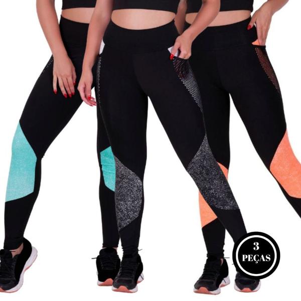 Imagem de Kit 3 Calça Legging Fitness Cintura Alta com Bolso- KIT 3 CALÇA VALENTINA VERDE PRETA LARANJA