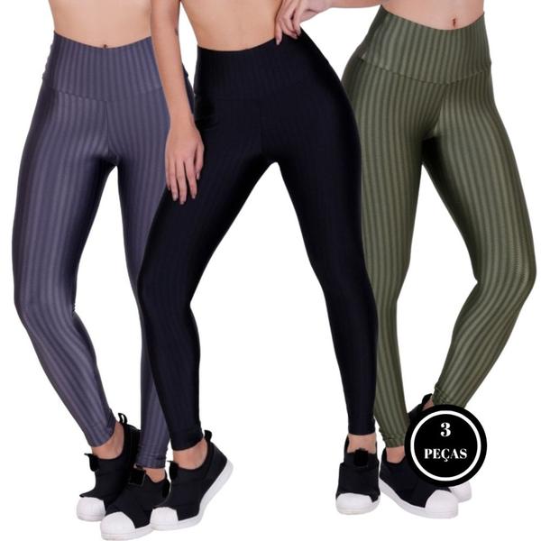 Imagem de Kit 3 Calça Legging Fitness Cirrê 3D Feminina Leg Academia - KIT 3 LAURA PRETO VERDE CINZA