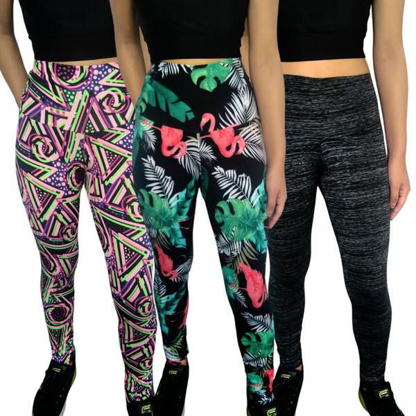 Imagem de Kit 3 Calças Femininas Legging Justas Cós Cintura Alta Estampas Sortidas Suplex PP ao Plus Size