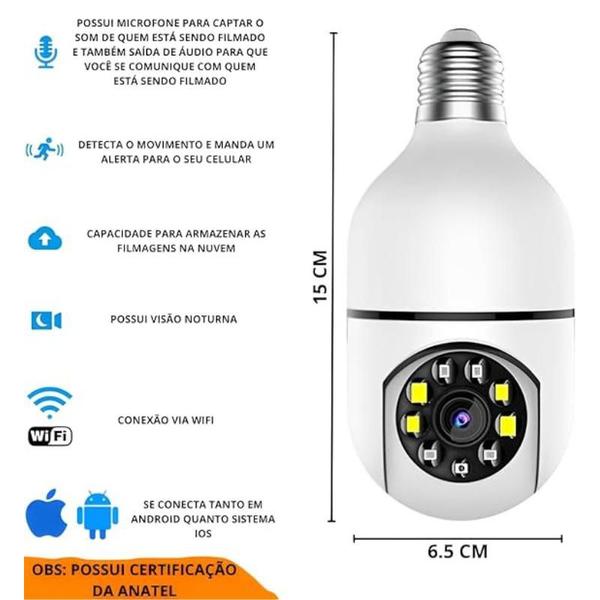 Imagem de Kit 3 Câmera De Segurança Lâmpada Panoramica Wifi Espia Full Hd Visão Noturna Prova D'agua Infravermelho Interna.Externa