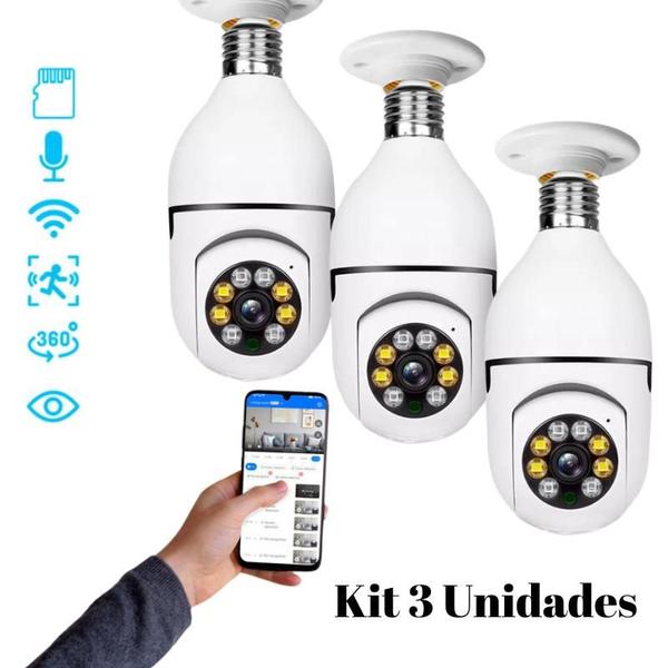 Imagem de Kit 3 Camera Ip Segurança Lampada Panoramica Wifi Espia C/rastreio Full Hd Infravermelho Visão Noturna Câmera, Giratória