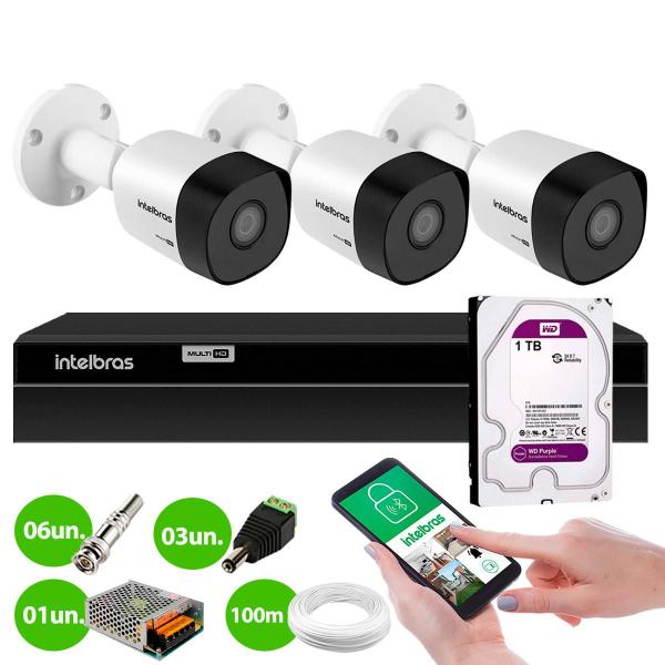 Imagem de Kit 3 Câmeras Bullet HD 720p VHD 3130 B G6 3,6mm - 30m IP67 + DVR Intelbras MHDX 1204 4 Canais + HD 1TB Purple