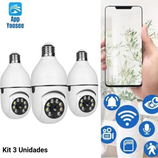 Imagem de KIt 3 Câmeras de segurança wi-fi ip sem fio 360 encaixe lampada aplicativo yoosee ptz full HD visão noturna - bivolt