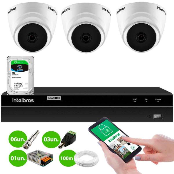 Imagem de Kit 3 Câmeras Dome VHD 1220 D G6 20m Full HD 1080p 2,8 mm DVR Intelbras MHDX 1204 4 Canais 1TB SKY