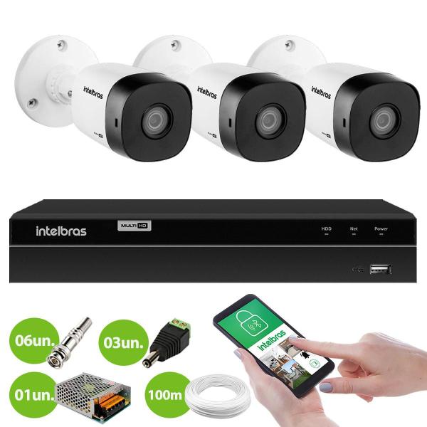 Imagem de Kit 3 Câmeras Intelbras VHD 1230 B Full HD 1080p Bullet Visão Noturna de 30 metros IP67 + DVR Intelbras MHDX 1204 4 Canais