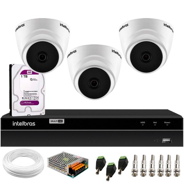 Imagem de Kit 3 Câmeras Segurança Dome 720p VHL 1120 D 3,6mm IR 20 DVR Intelbras MHDX 1204 4 Canais 1TB Purple