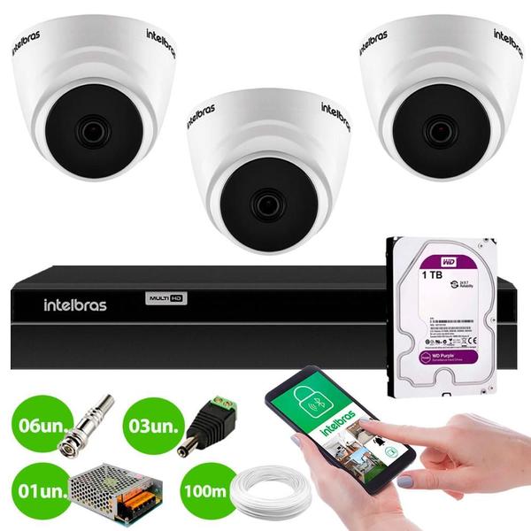 Imagem de Kit 3 Câmeras Segurança Dome 720p VHL 1120 D 3,6mm IR 20 DVR Intelbras MHDX 1204 4 Canais 1TB Purple