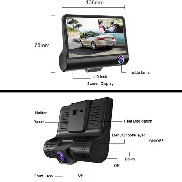 Imagem de Kit 3 Cameras Veicular Interna Frontal Ré Filmadora Automotiva Dashcam B28 Full Dd Veicular Carro Segurança