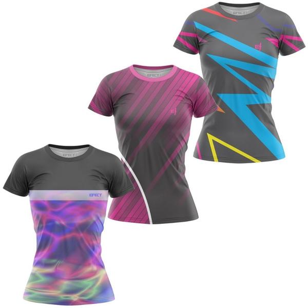 Imagem de Kit 3 Camisa Blusa Feminina Academia Fitness Caminhada Dry Fit UV Coloridas Leve e confortável