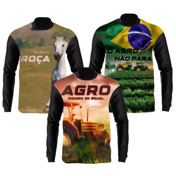 Imagem de Kit 3 Camisa Camiseta Agro Masculina Manga Longa Bruto Fazenda Trator Bruto Blusa Com Proteção Solar UV 50