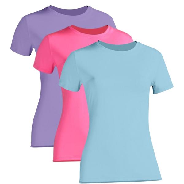 Imagem de Kit 3 Camiseta Proteção Solar Feminina Manga Curta Uv50+ 1 Azul Bebê 1 Rosa 1 Lilás