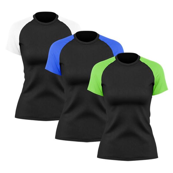 Imagem de Kit 3 Camisetas Feminina Raglan Dry Fit Proteção Solar UV Básica Lisa Treino Academia Ciclismo