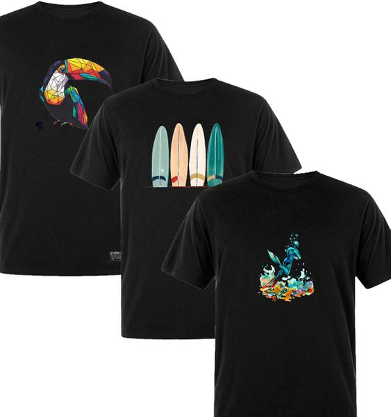 Imagem de Kit 3 Camisetas Masculinas Pretas Algodão Prime WSS Brasil: Dive, Toucan e Artistic Surf