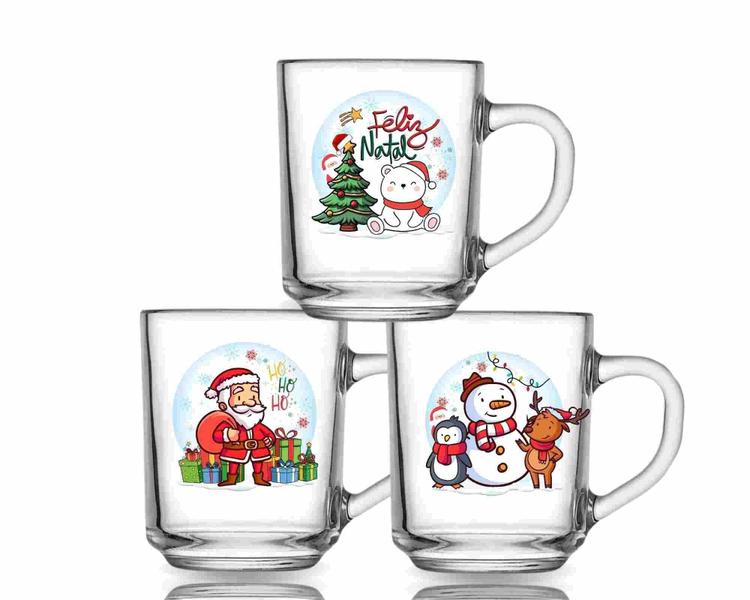 Imagem de Kit 3 Canecas Natal 255Ml Vidro Personalizada Estampada Café