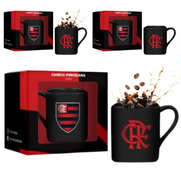 Imagem de Kit 3 Canecas Porcelana Xícara Preto Vermelho Quadrada 220ml Café Clube Flamengo Oficial