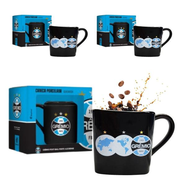 Imagem de Kit 3 Canecas Porcelana Xícara Quadrada 220ml Café Preto Grêmio Oficial