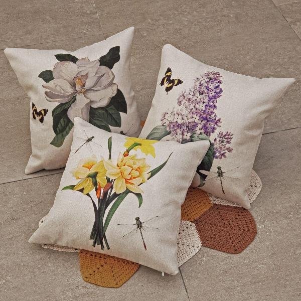 Imagem de Kit 3 Capa Almofada Linho Magnolia Lavanda Narciso Flor 43cm