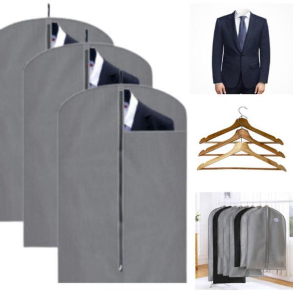 Imagem de kit 3 Capa para ternos Casacos Blusas Calças Roupas + 3 Cabides de Madeira para Roupa Camisas