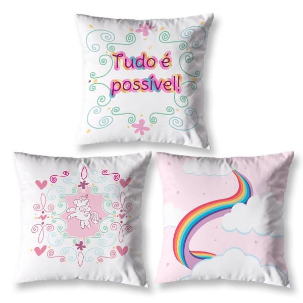 Imagem de Kit 3 Capas De Almofada Infantil Quarto Sala 40Cm Unicórnio